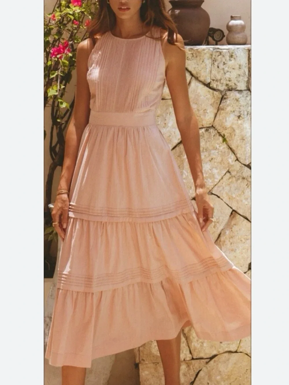 Pampelone Sleeveless Perla Midi Dress Tiered & Pintucked light pink EUC - Picture 3 of 7